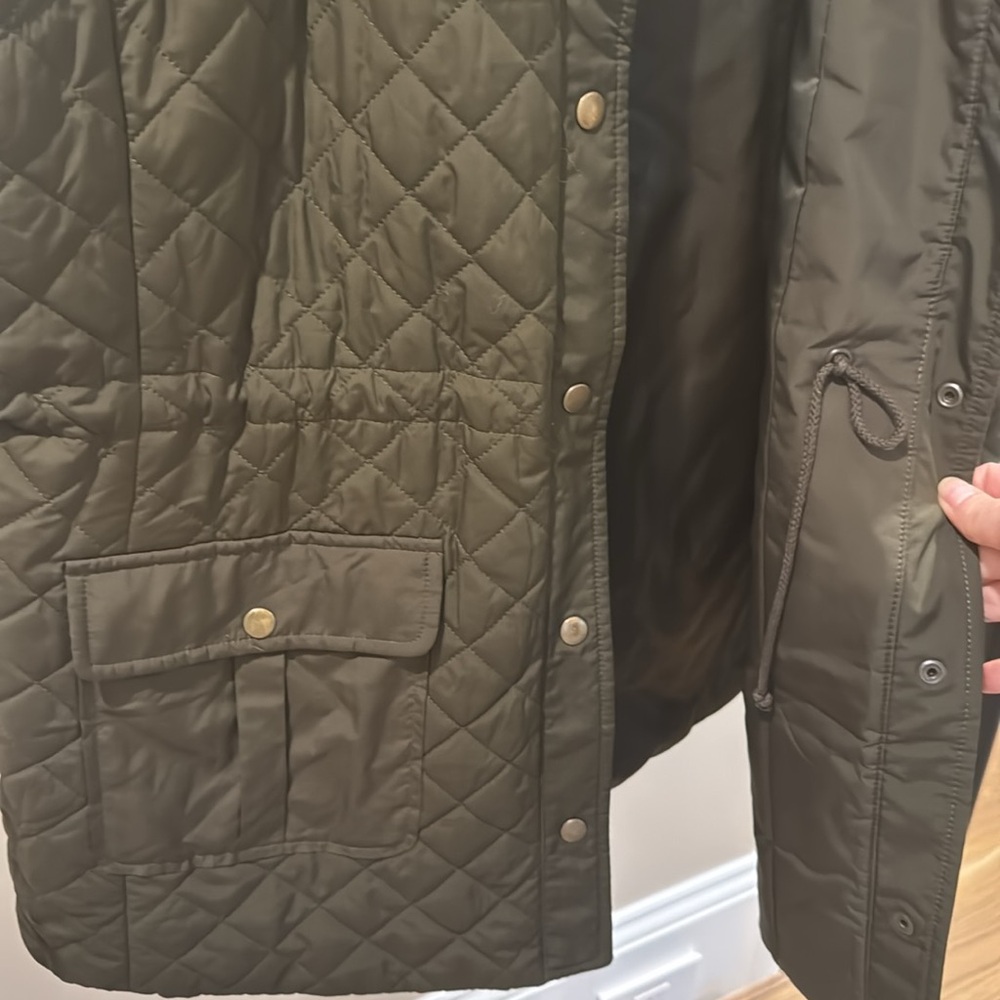 Talbots Olive Green Snap Front Collared Long Quil… - image 8